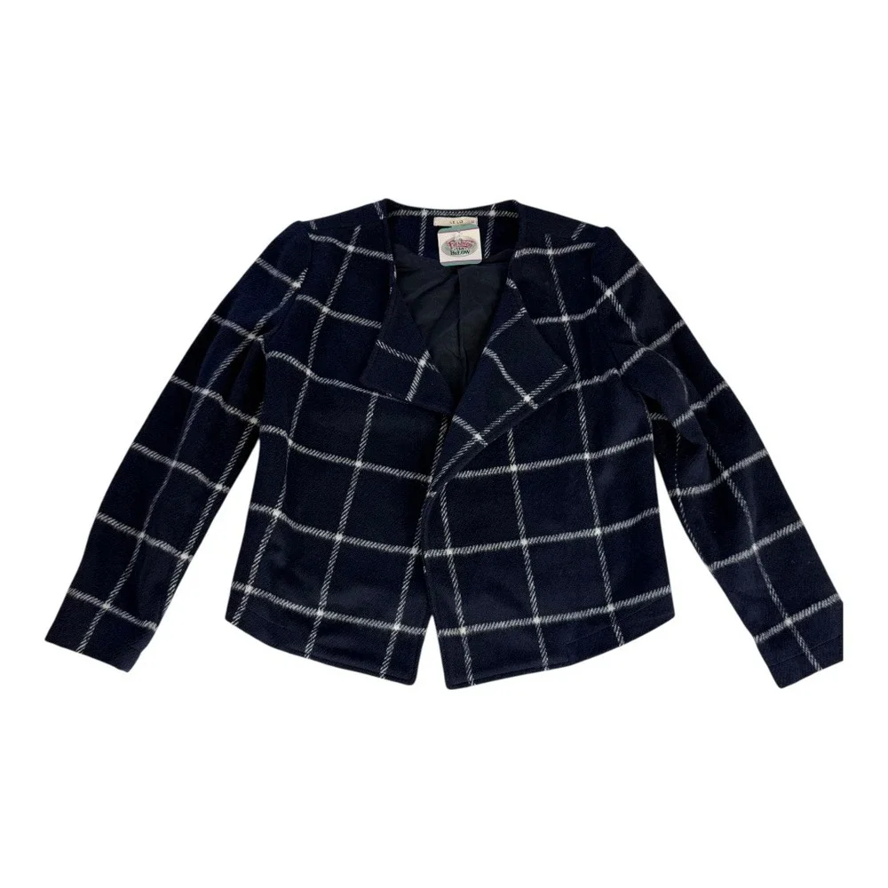 LE LIS Navy White Window Pane Plaid Open Front‎ Blazer Jacket Womens Small
